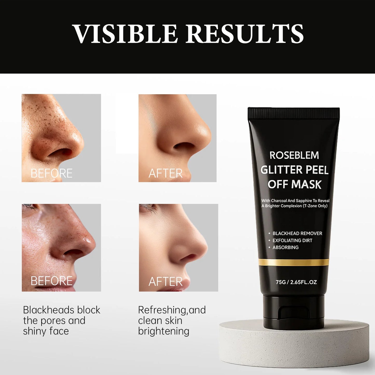 Natural Charcoal Blackhead Peel-Off Mask, Deep Cleansing, Oil Control, Suitable for Oily Skin, Unclogs Pores, Brightens Skin