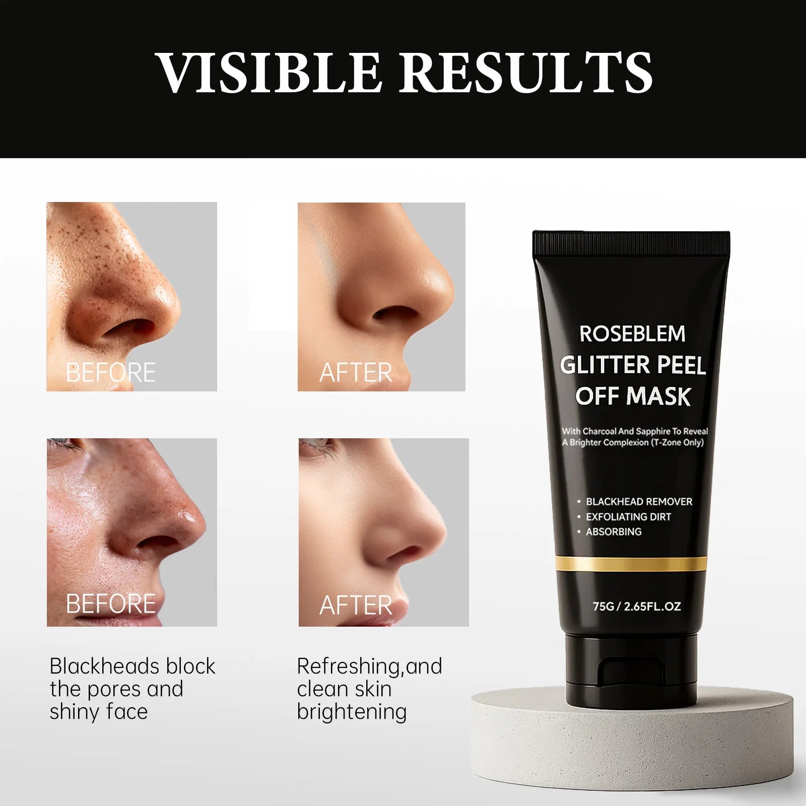 Natural Charcoal Blackhead Peel-Off Mask, Deep Cleansing, Oil Control, Suitable for Oily Skin, Unclogs Pores, Brightens Skin