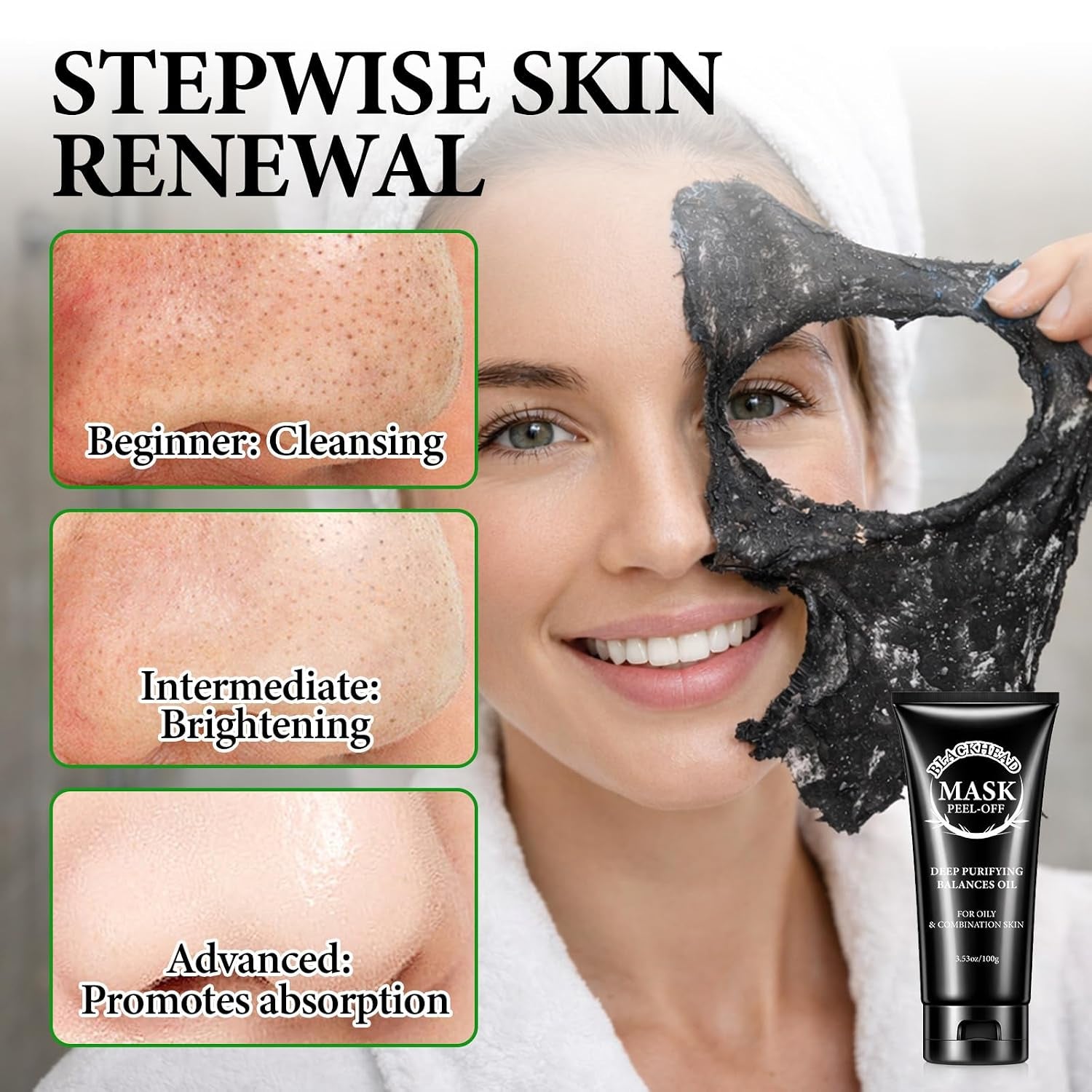 Charcoal Blackhead Remover Mask, 3.5 Fl Oz, Peel off Face Mask | for Oily Combination Skin, Deep Cleansing, Balance Oil, Firm & Brighten, Treats Pores, Acne, Dullness